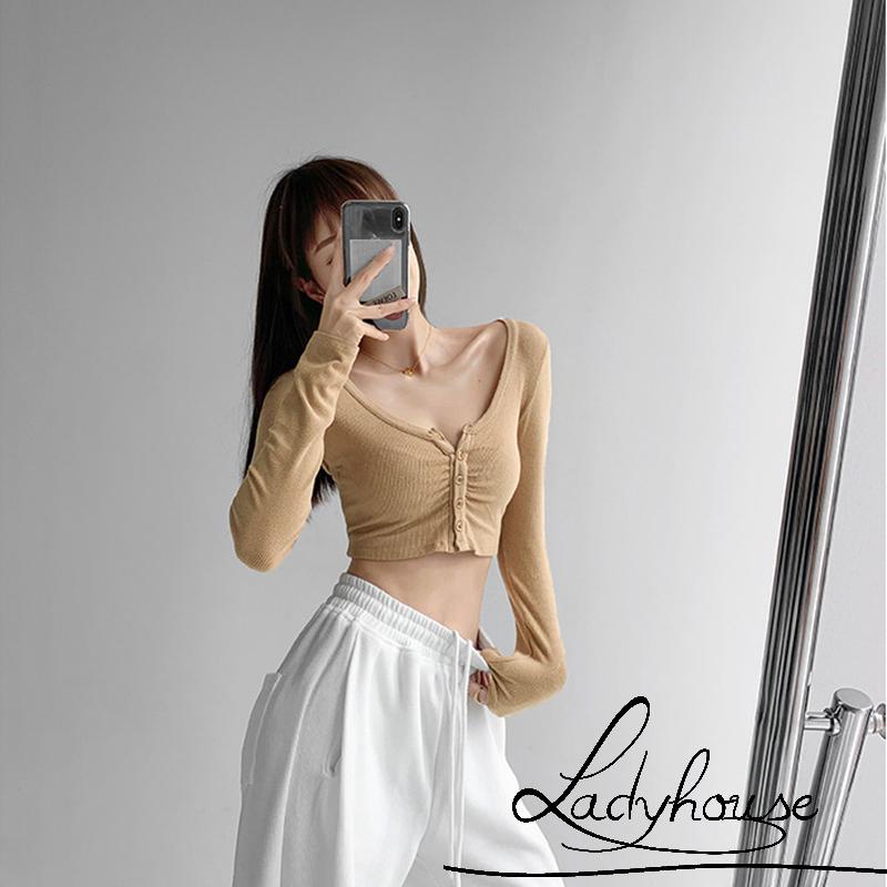 Áo Croptop Dệt Kim Tay Dài Cổ Chữ V Màu Sắc Đơn Giản Cho Nữ