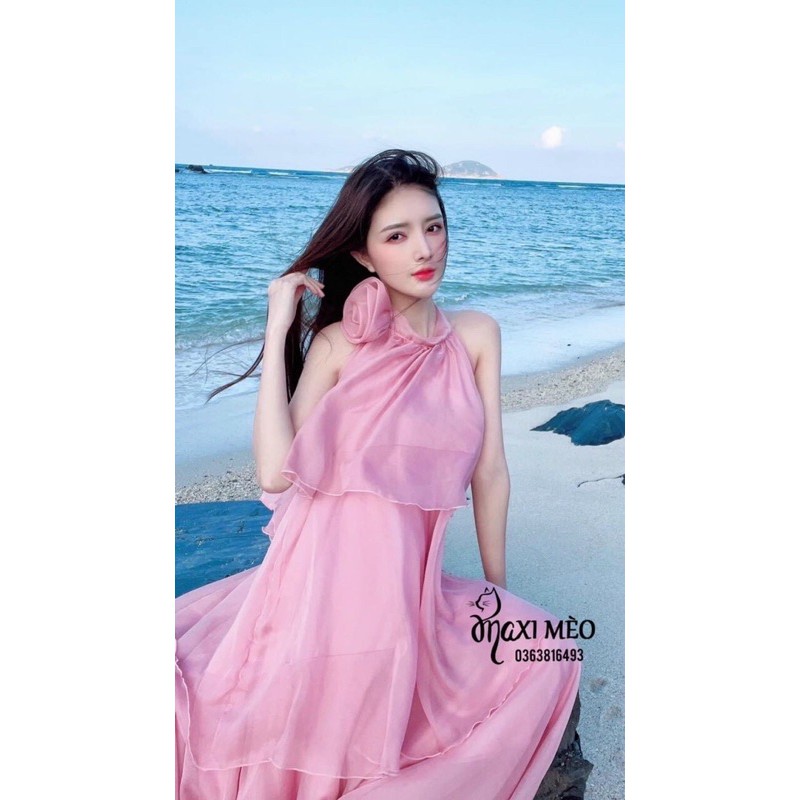Đầm maxi voan tầng yếm hoa cổ