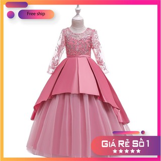 sale sập sàn Katie Đầm dạ hội bé gái cao cấp tay dài phối ren đính đá, 18-45kg - QC21 HỒNG TNK113