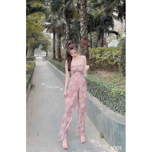 Jumsuiy quây hoa chun ngực quần suông