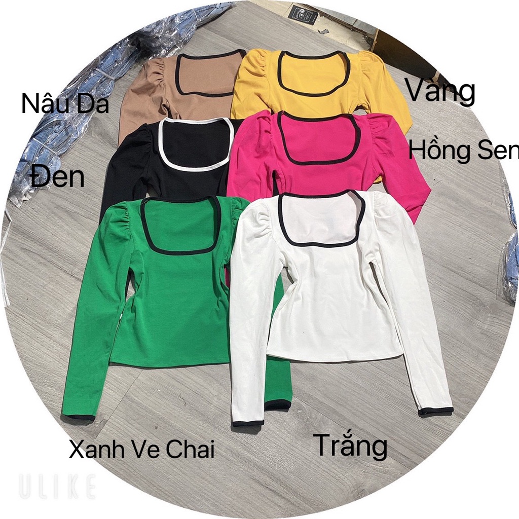 Áo thun croptop cổ U croptop tay dài phối viền