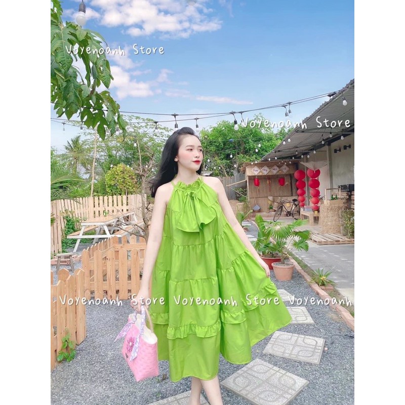 Váy Yếm Cổ Nơ Dáng Suông , Đầm Babydoll Cực Xinh ( Có kèm ảnh và video thật )