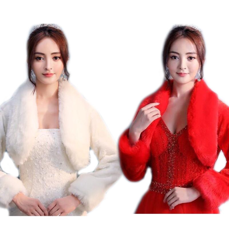 Áo khoác tay dài xù lông phong cách thanh lịch cho cô dâu