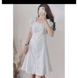 Váy thô đũi cúc bọc - Đầm xoè cúc bọc nhún ngực