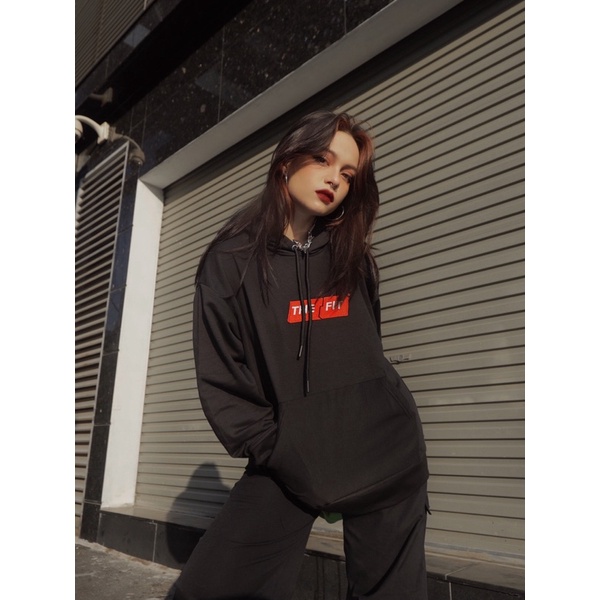 Áo hoodie local brand box logo THE FIT white, áo khoác nỉ chân cua 100% cotton đứng form, dày dặn 100% cotton BLACK