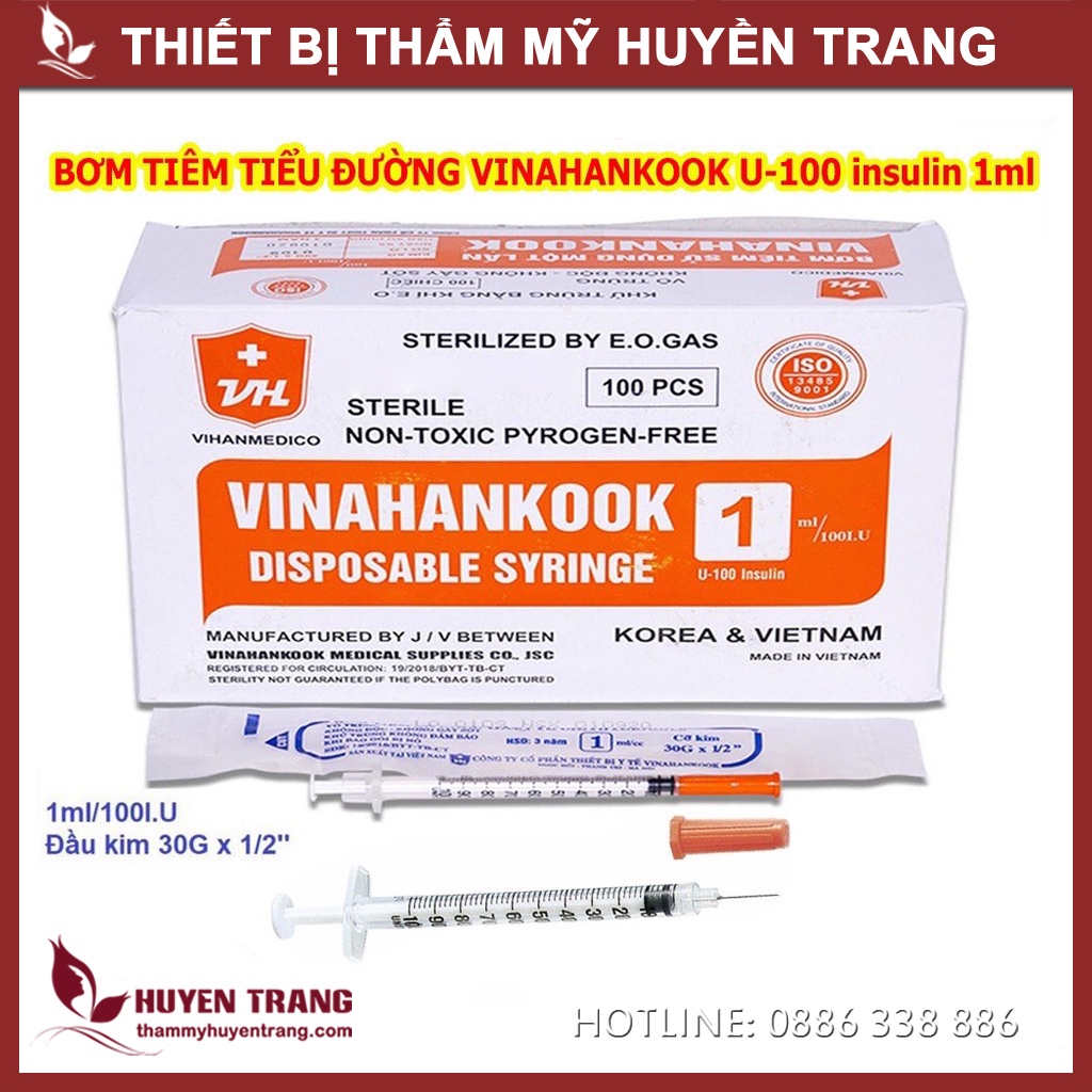Kim Tiêm Tiểu Đường Bơm Tiêm VINAHANKOOK 1ml INSULIN U-100 Đầu Kim 30Gx1/2 - Thẩm Mỹ Huyền Trang NANOCEE