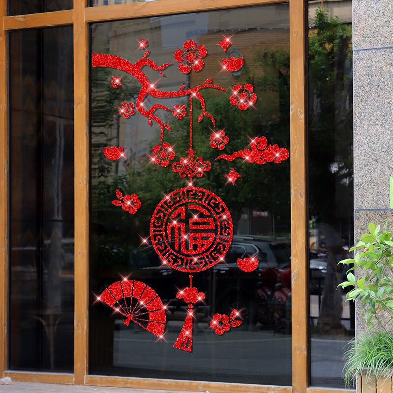 Decal trang trí tết - Cành Mai đỏ quạt què đỏ 02
