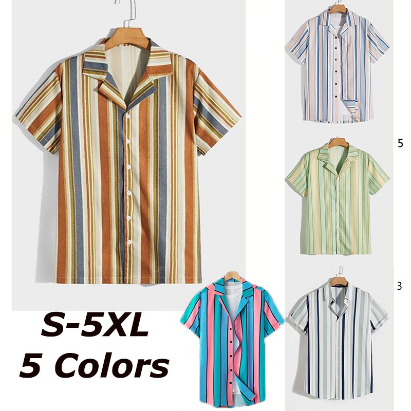 Áo Sơ Mi Nam Đi Biển Plus Size S-5XL Họa Tiết Kẻ Sọc 5 Màu Tùy Chọn Chất Lượng Cao