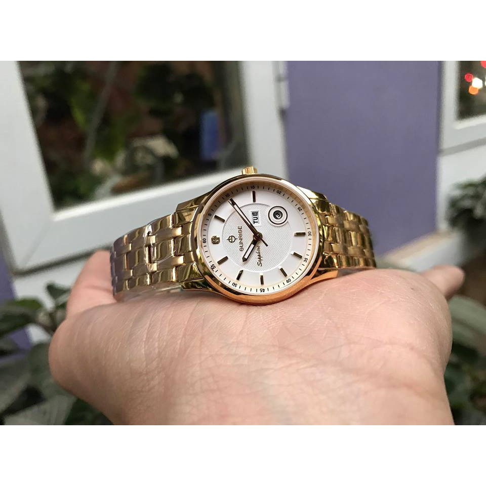 Đồng hồ Đôi SUNRISE dm782swa - kt Cao cấp ( mặt trắng, dây vàng )