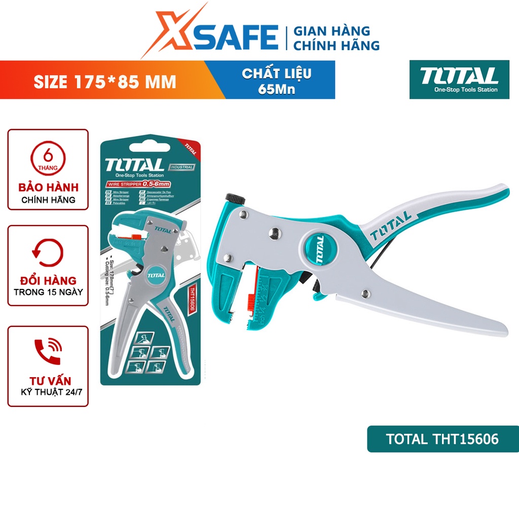 Kìm tuốt dây điện mỏ quạ TOTAL THT15606, đường kính đầu tuốt 0.5-6mm, chất liệu 65Mn, kích thước 175x85mm [CHÍNH HÃNG]