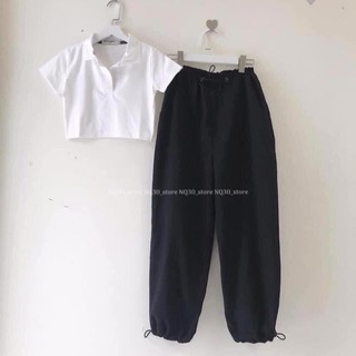 Set áo crop cổ bẻ+ quần thun bo gấu