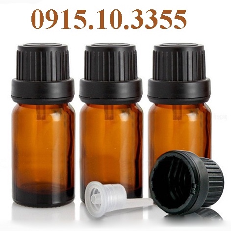 1 Vỏ Chai lọ 10ml - 5ml  đựng tinh dầu thủy tinh nâu, nắp nhựa đen ,có nhỏ giọt