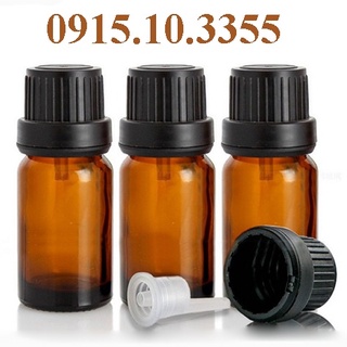 1 Vỏ Chai lọ 10ml - 5ml đựng tinh dầu thủy tinh nâu, nắp nhựa đen ,có nhỏ giọt