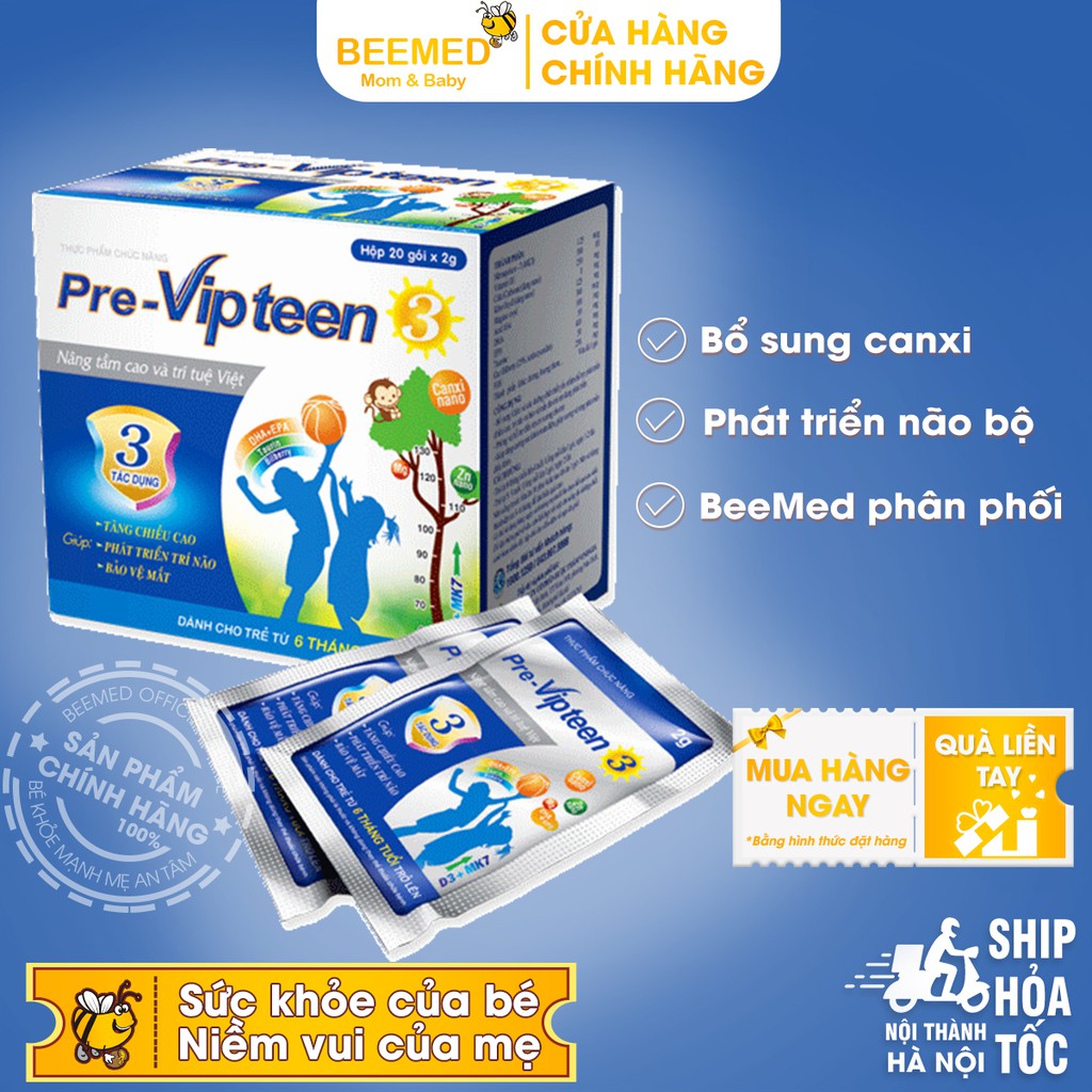 Pre Vipteen 3 - Bổ sung canxi cho trẻ từ 6 tháng, 1, 2 tuổi, phát triển trí não Mua 6h tặng 1h bằng tem tích điểm