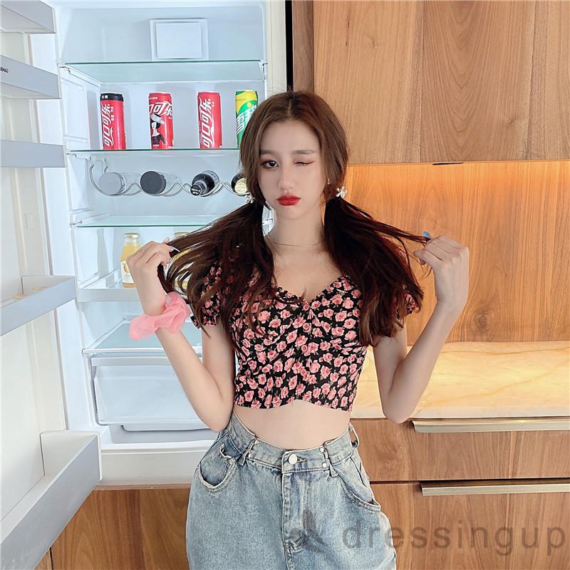 Áo kiểu crop top tay ngắn cổ chữ V phối nút cài họa tiết hoa thiết kế thanh lịch thời trang cho nữ