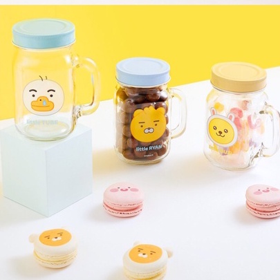 Cốc thuỷ tinh chịu nhiệt tốt có nắp hình Kakao Friends Hàn Quốc đáng yêu
