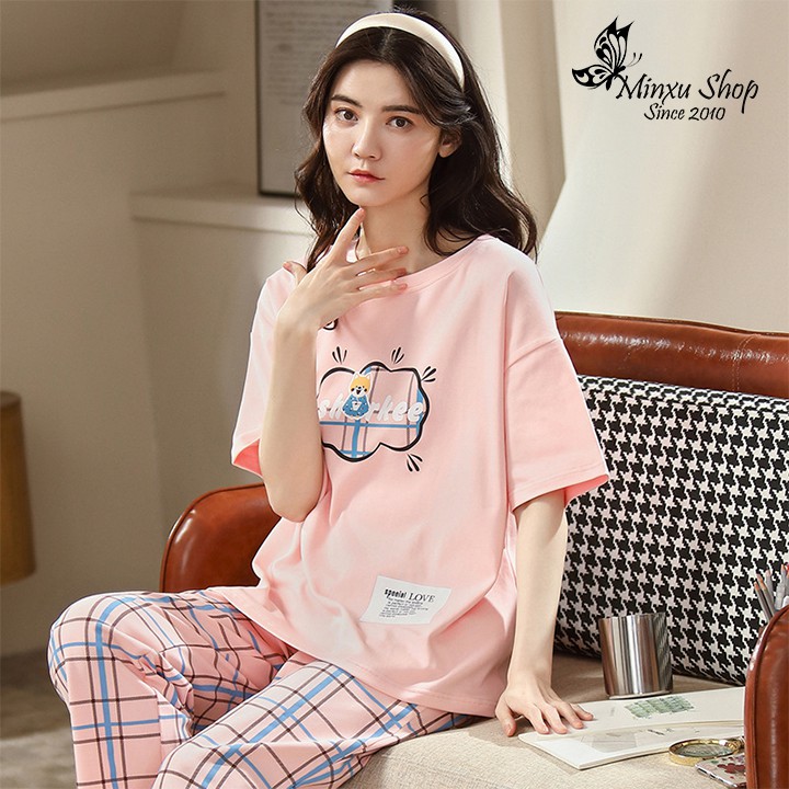 Bộ Đồ Ngủ, Bộ Mặc Nhà Nữ Quần Dài Áo Ngắn Tay - Chất Cotton Cao Cấp - Mềm Mịn, Thoáng Mát - Phong Cách Hàn Quốc