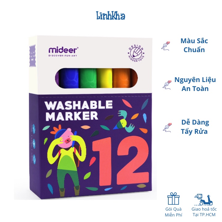 [LIFEMALL9915 - 12% đơn 99K] Bút Lông Màu Nguyên Liệu An Toàn Dễ Dàng Tẩy Rửa hiệu Mideer 12 màu - washable marker