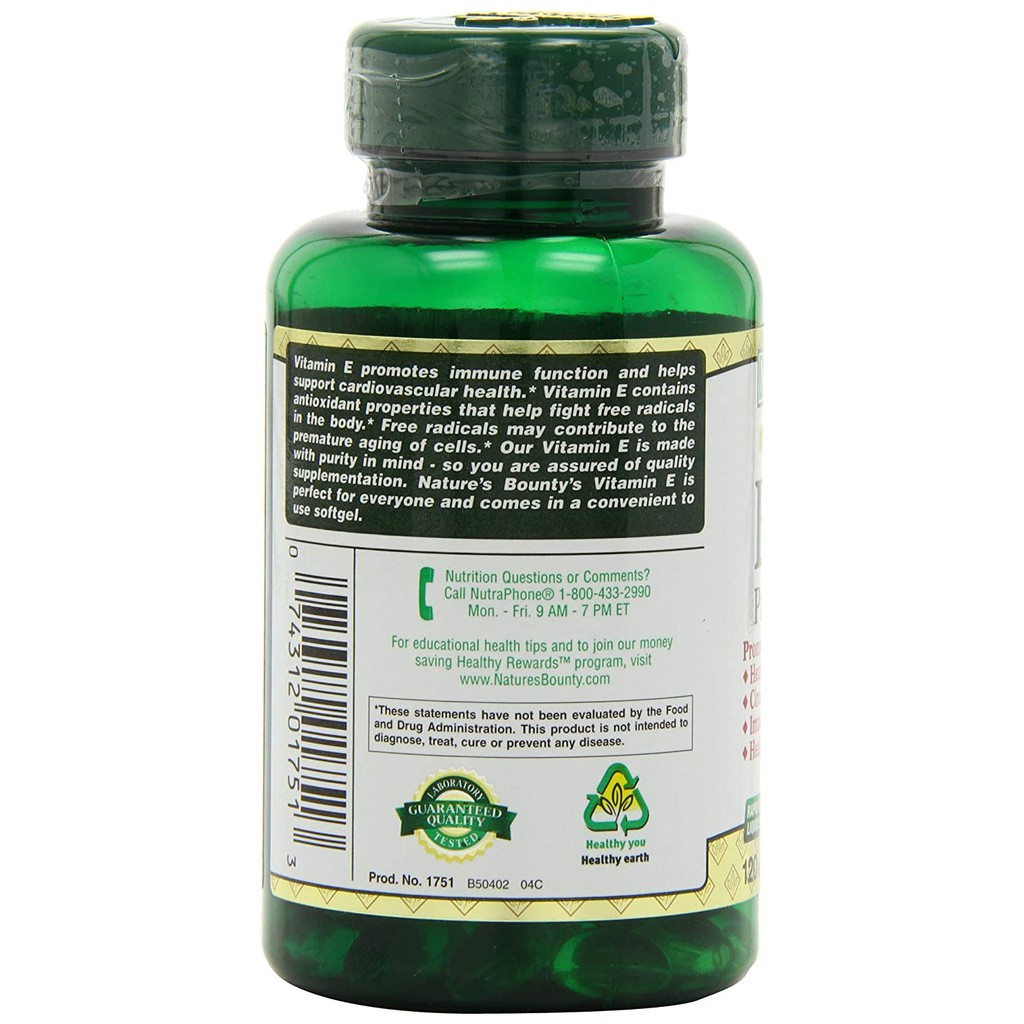 [Bill Mỹ] Hộp Nature's Bounty Vitamin E 180mg- Giúp đẹp da, ngăn lão hóa (120v)
