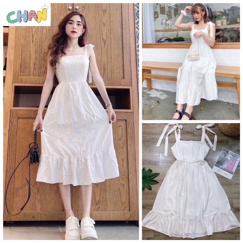 Váy 2 Dây Thắt Nơ Vai Màu Trắng, Đầm 2 Dây Trắng Cột Nơ Vai Nhún Bèo Chan House.