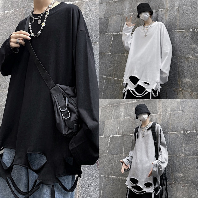 Áo thun tay dài màu trơn thiết kế rách cá tính 222009 Áo thun tay dài dáng rộng vải mỏng kiểu Hip-Hop đường phố cá tính