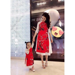 Set Áo dài gấm hoa đào cho mẹ và bé