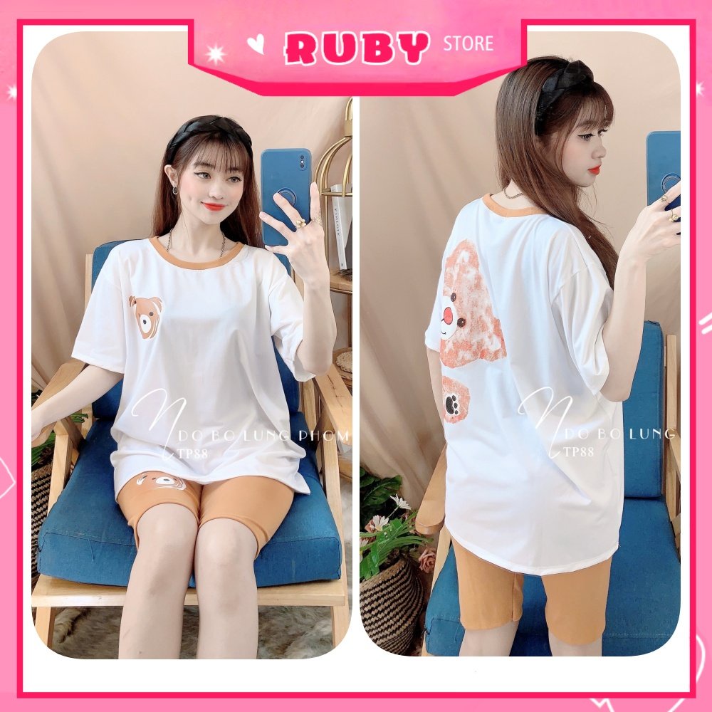 Đồ bộ thun lửng phom to cho nữ mặc nhà chất thun mềm mát in hình gấu hoạt hình dễ thương TP88
