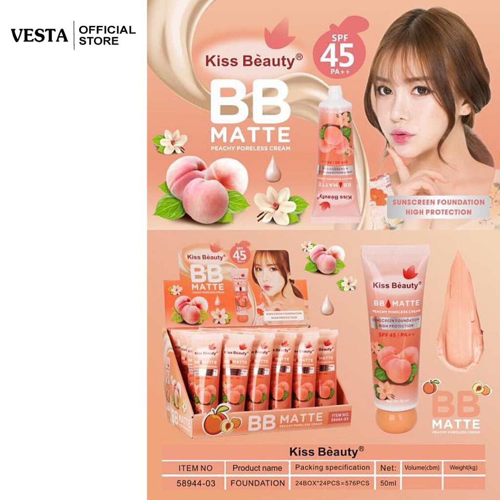 Kem Nền Che Khuyết Điểm 💕𝑭𝒓𝒆𝒆𝒔𝒉𝒊𝒑💕 Kem Nền Chống Nắng Kiss Beauty BB Matte Nội Địa Trung