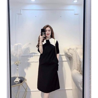 Váy bầu đen dáng suông phối cổ trắng