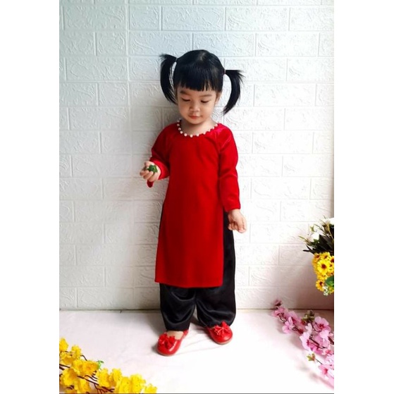 Áo dài nhung truyền thống bé gái kèm mấn / Áo dài trẻ em