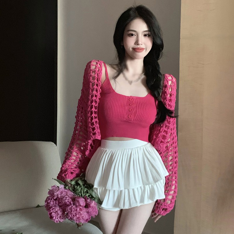 Bộ Áo Croptop Dệt Kim Màu Trơn + Áo Khoác Cardigan Tay Dài Chống Nắng Kiểu Hàn Quốc Xinh Xắn Cho Nữ