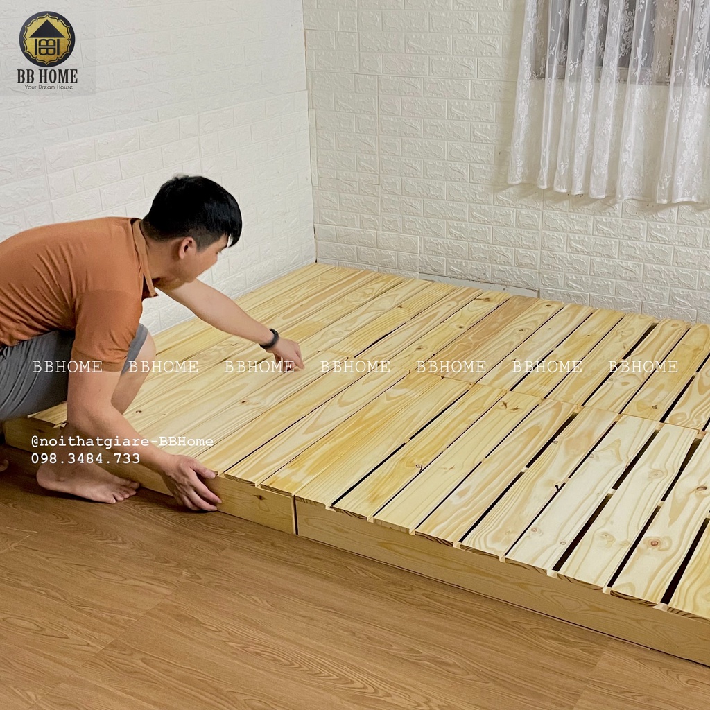 Giường pallet gỗ thông mới 100% BBHome - Sơn phủ PU,nan gỗ dày