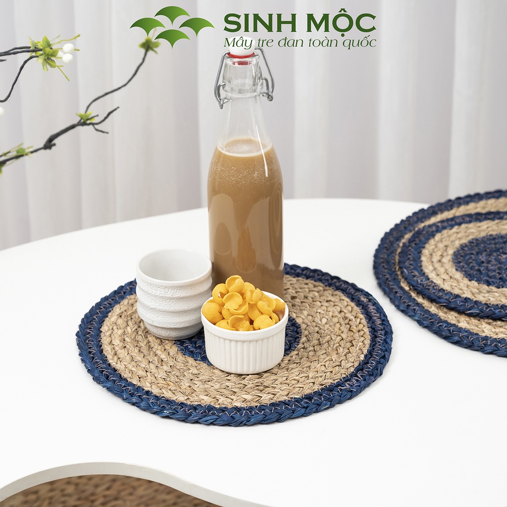 Đĩa cói lót bàn ăn xanh dương, tấm lót decor chụp ảnh, lót ly, lót cốc Sinh Mộc - M2004