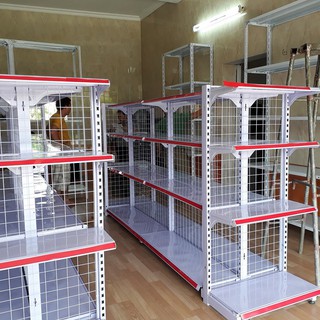 Kệ siêu thị đôi 4 tầng, cao 1,5m, rộng 0,75, dài 0,9m.