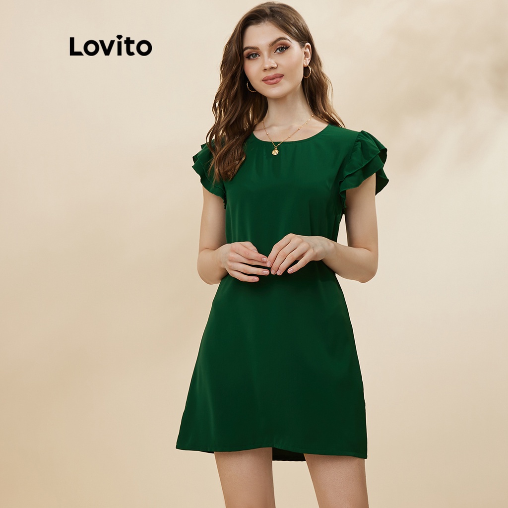 Đầm Lovito cổ tròn tay áo diềm xếp nếp màu trơn mặc thường ngày L19D460 (Xanh lá)