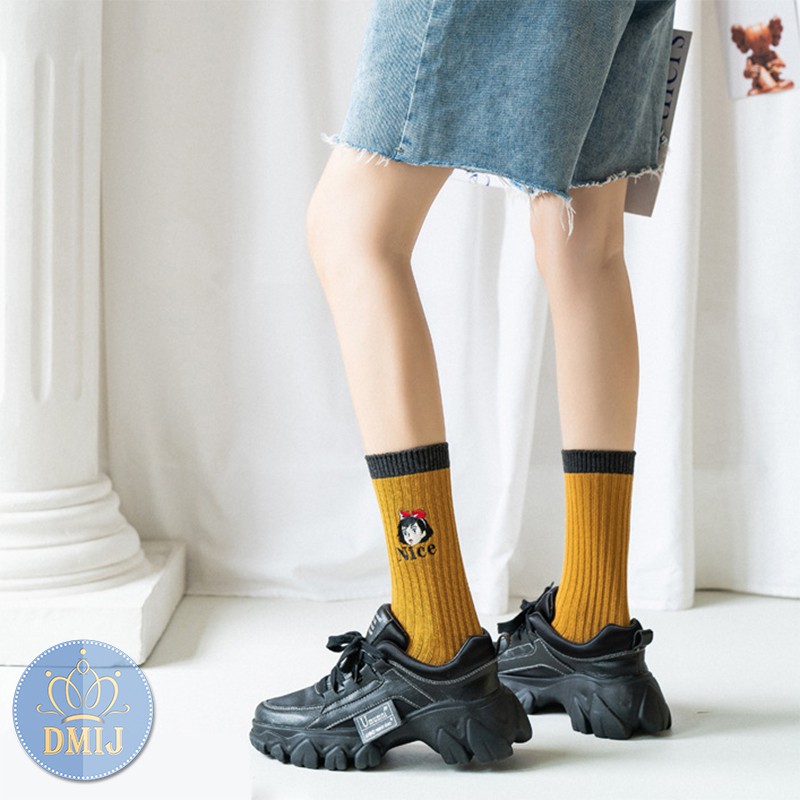 Tất nữ cổ cao phong cách hàn quốc thêu hình cô gái nhiều màu đáng yêu