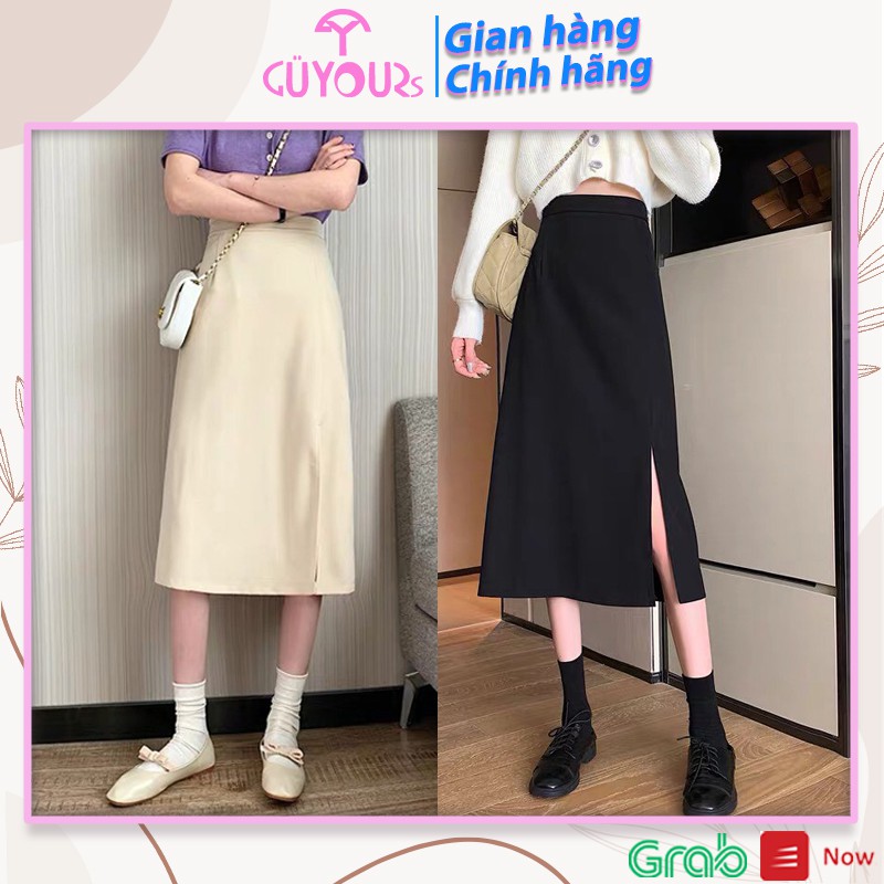 [QUÀ TẶNG Dây buộc tóc] Cháy váy dài dáng chữ a trơn có xẻ tà style Hàn Quốc GUYOURs CVN117