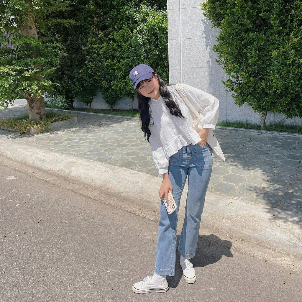 Áo Sơ Mi Trắng Dáng Baby Doll Croptop Dài Tay Phối Bèo Đáng Yêu