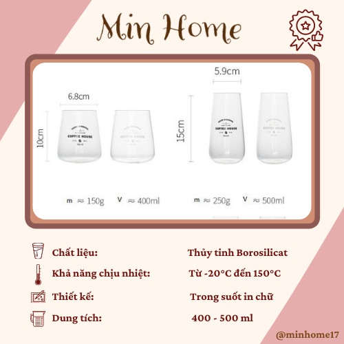 Cốc Thủy Tinh Chữ COFFEE HOUSE Ly Thuỷ Tinh Cute Giá Rẻ MinHome Hot Mẫu Mới 500ml.