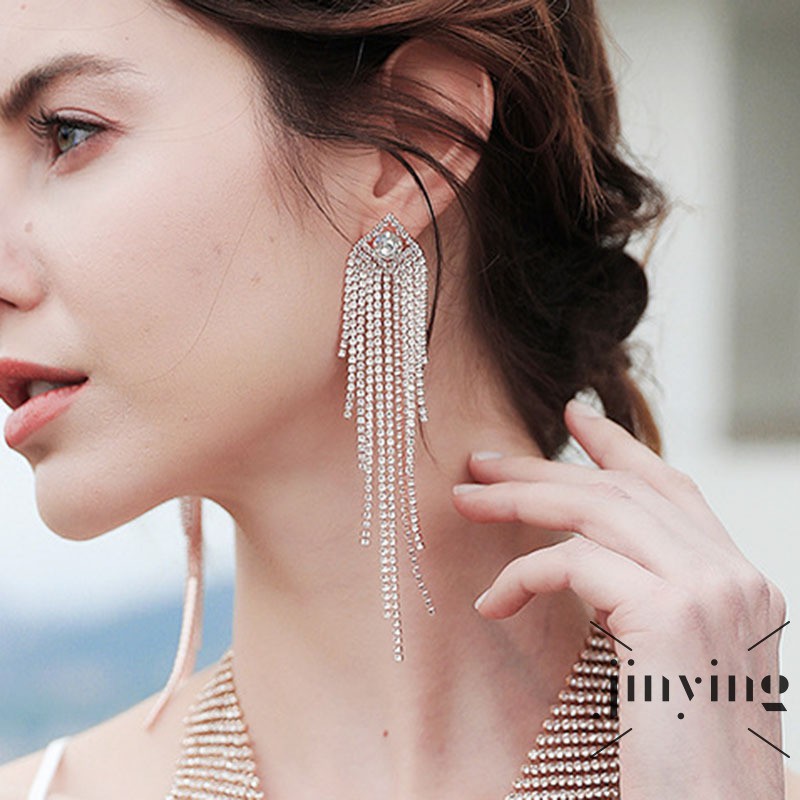 GETNOIVAS Đôi khuyên tai tua rua dài đính đá nhân tạo phong cách Âu Mỹ bohemian thời trang