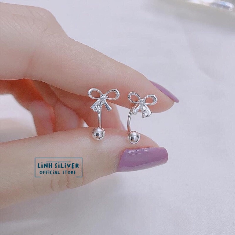 Bông tai nơ chốt ren bạc ta- Khuyên nữ xinh xắn