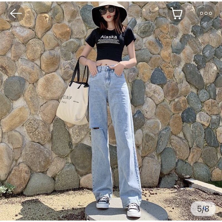 FS50K_Quần Jeans Nữ Ống Rộng Rách Gối Phải Cao Cấp NITIQC