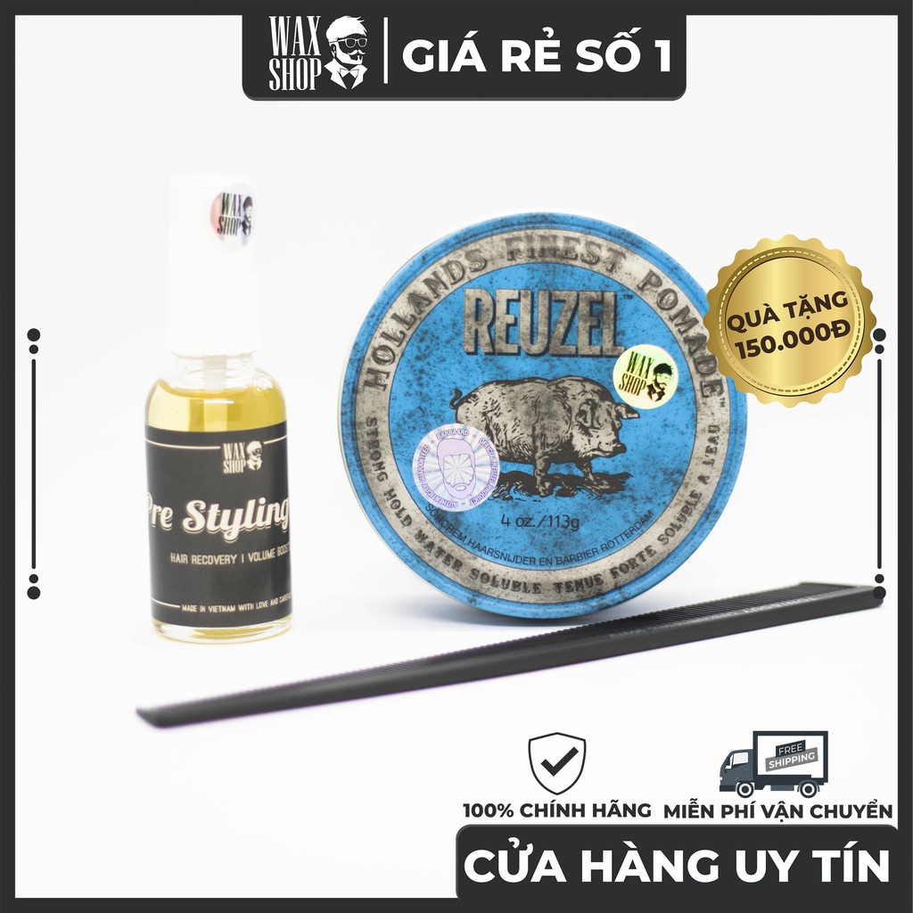 Sáp Vuốt Tóc Reuzel Blue Strong Hold Water Soluble High Sheen 113g ⚡ [Chính Hãng] ⚡ Tặng Kèm Pre-Styling Oil và Lược Sấy