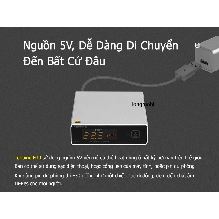 Dac Topping E30 Bộ Giải Mã Âm Thanh DSD512 PCM 768khz 32bit Tặng Dây Aucharm