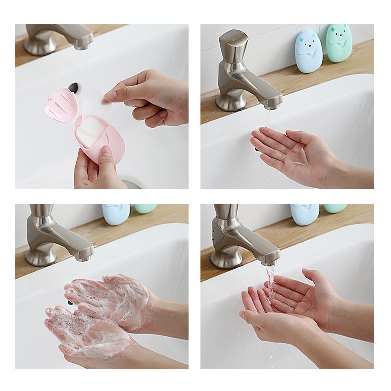 Hộp 50 Miếng Xà Phòng Giấy Rửa Ray Dùng Một Lần Hình Gấu Dễ Thương - Xà Bông Khô Bỏ Túi Đi Du Lịch