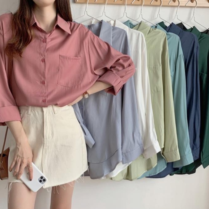 Áo sơ mi cổ polo Yenna dài tay dáng rộng thời trang Hàn Quốc