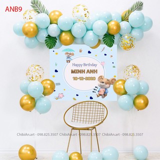 Set phụ kiện trang trí sinh nhật cho bé đẹp rẻ - Bóng bay - Kèm Phông bạt & In tên - Màu xanh pastel