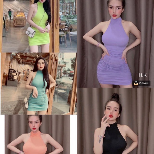 {Nhập mã Freeship} váy body ngắn Váy body cổ yếm hở lưng rúm chun mông váy body sang chảnh Annastore