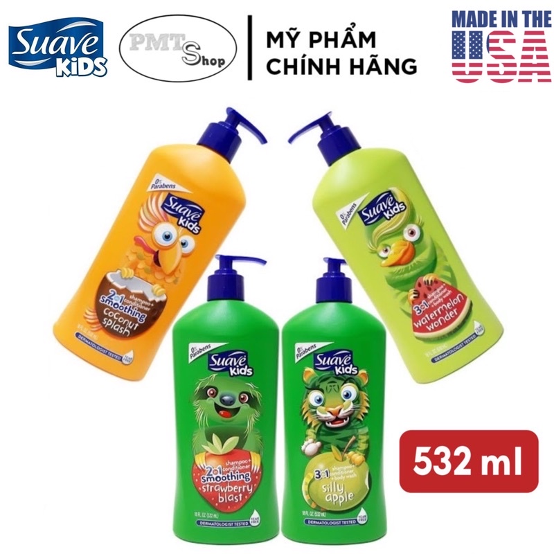 Sữa tắm gội toàn thân 3in1 cho Bé Suave Kids chai vòi 532ml Táo, Dưa hấu, Dâu, Dừa không cay mắt