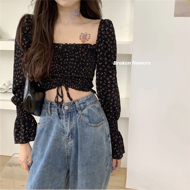 Áo Nữ Cao Cấp Cổ Vuông Dáng Croptop Họa Tiết Hoa Nhí May Nhún Phối Tay Bồng